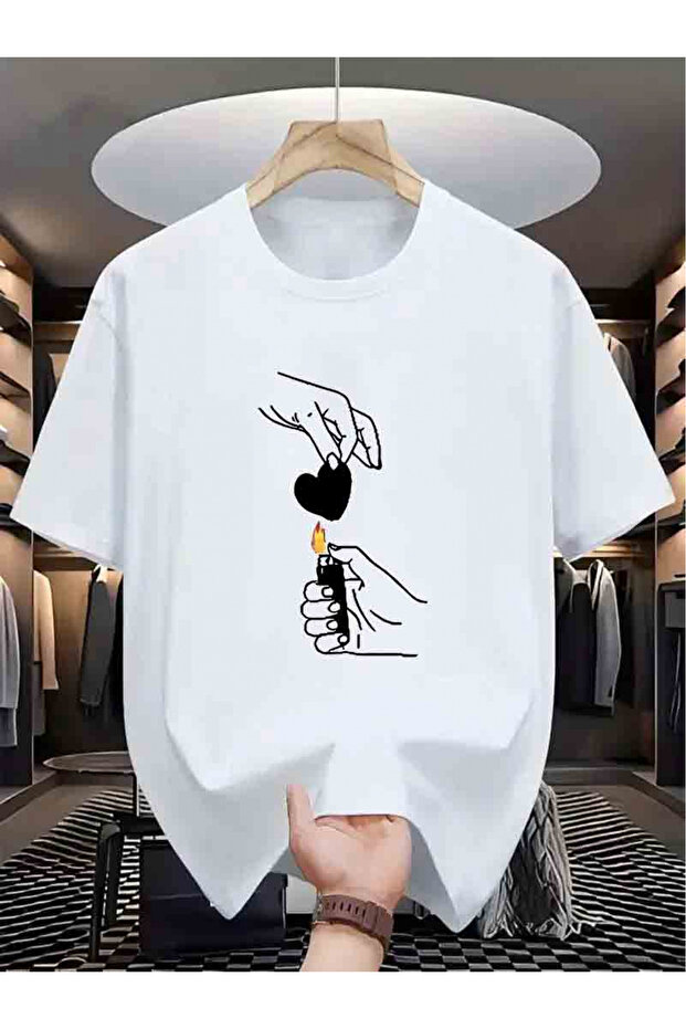 Men's Heart and Lighter Printed Oversize T-Shirt