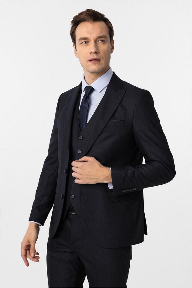 Lacivert Slim Fit Desenli Sivri Yaka 6 Drop Yelekli Klasik Takım Elbise - 3