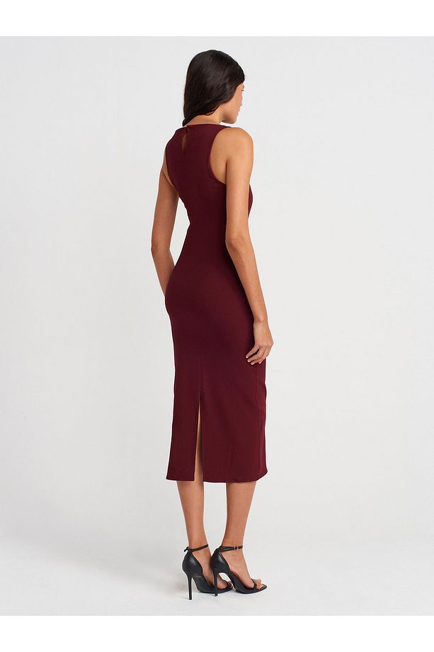 91099 Vücuda Oturan Midi Elbise-Bordo - 2