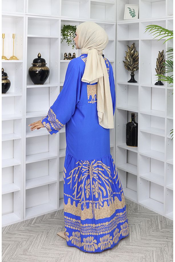 Viskon Kumaş Yarım Düğmeli Elbise 0056-04 Saks - 5