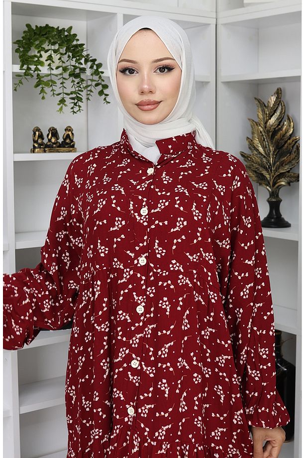 Viskon Kumaş Desenli Elbise 2048-04 Bordo - 3