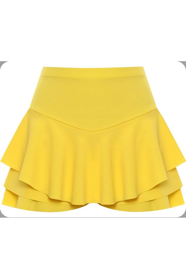 Kadın Kat Kat Fırfır Volanlı Ruffle Mini Şort Sarı Etek - 1