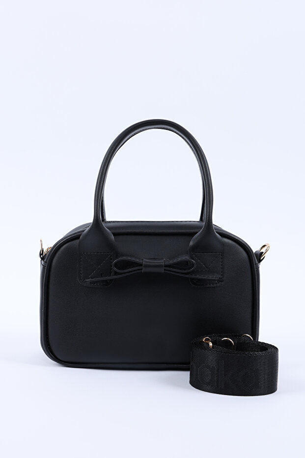 Black Shk217 Bow Faux Leather, Single Compartment, Zipper, Column Strap, Hand, Arm and Shoulder Bag