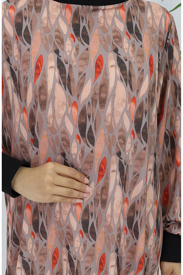 Şifon Kumaş Yaprak Desenli Elbise 0054-04 Vizon - 4