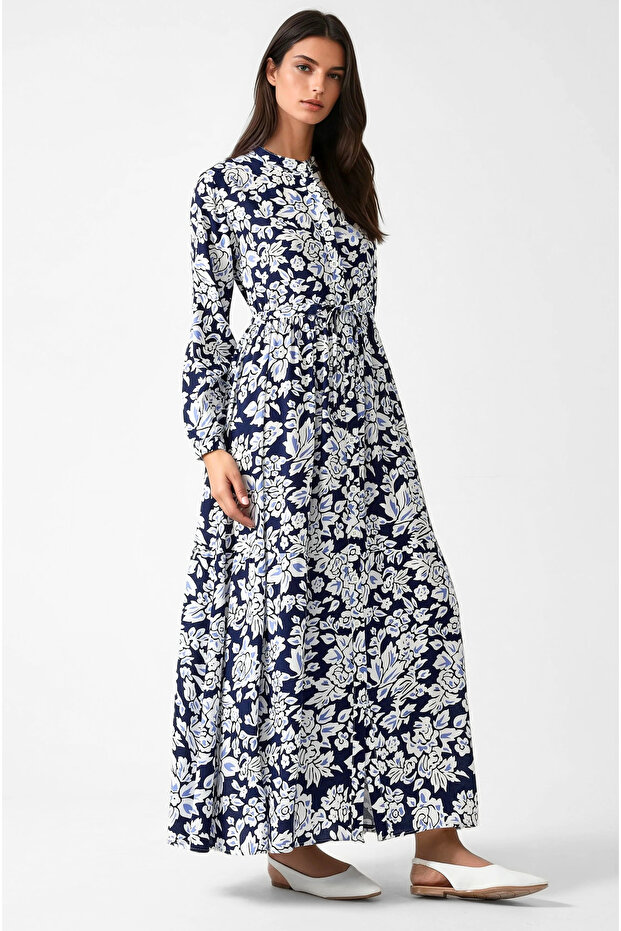 Gömlek Yaka Desenli Viskon Modest Elbise - 4