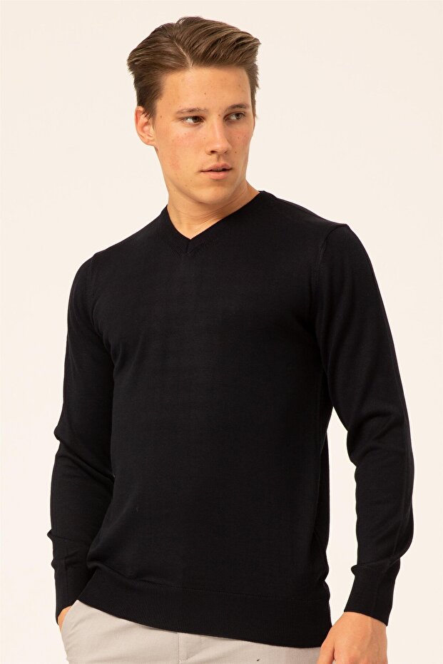 Lacivert Regular Düz V Yaka Triko - 2