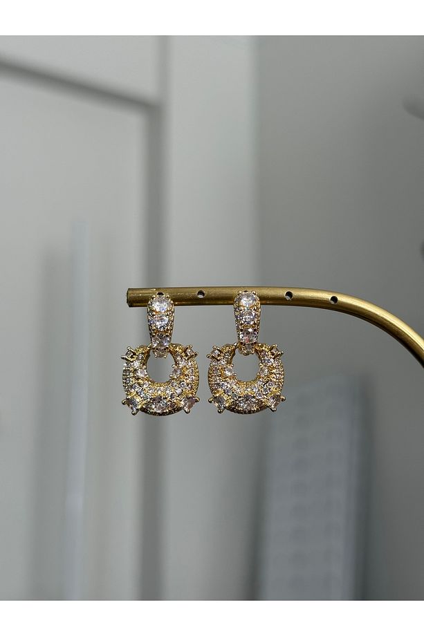 18K zirkon taşlı gold şık çelik küpe paslanmaz kararmaz - 1