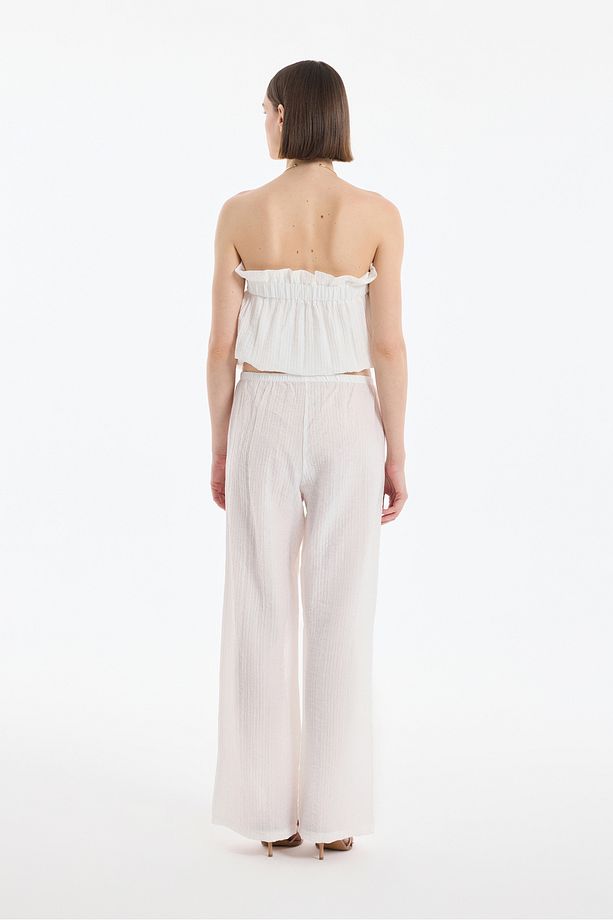 Gofre Kumaş Geniş Paça Pantolon Ekru - 5
