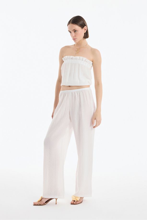 Gofre Kumaş Geniş Paça Pantolon Ekru - 3