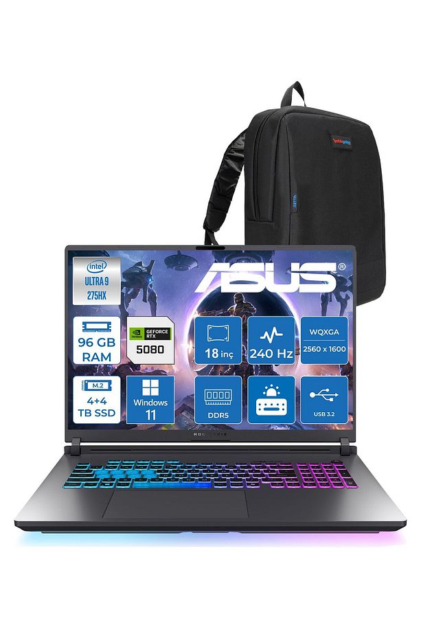 Rog Strix G18 Ultra 9 275HX 96GB 4TB SSD +4TB SSD 16GB/RTX5080 18" 2.5K 3Ms W11P WS9129W40+ZETTACNT - 1