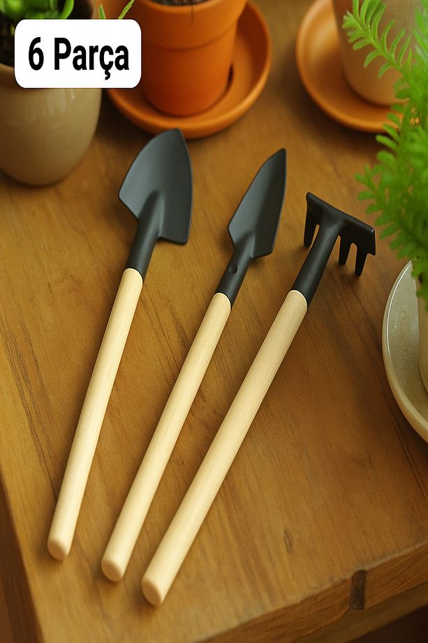 Ahşap Saplı Bonsai Çiçekleri Ve Saksı Bitkileri Için Bahçe Araçları Mini Kürek Tırmık Seti 6 Parça - 1