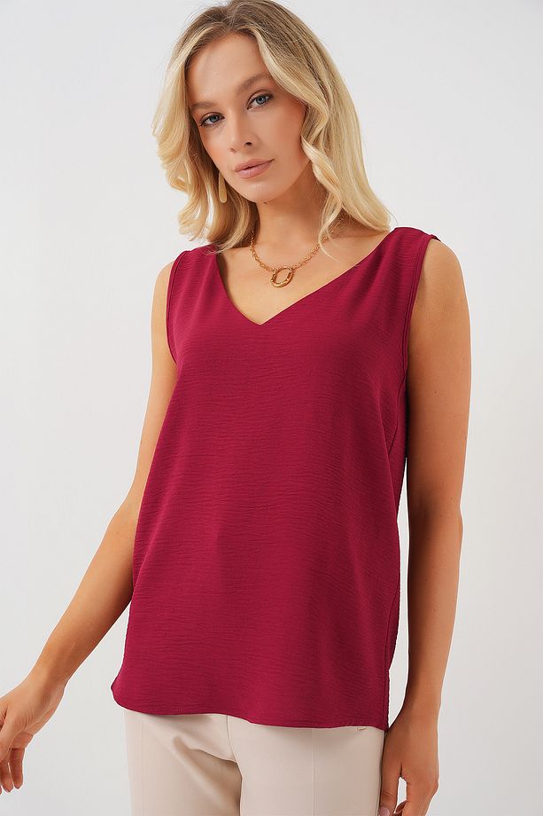V Yaka Sıfır Kol Bluz 950 - Bordo - 3