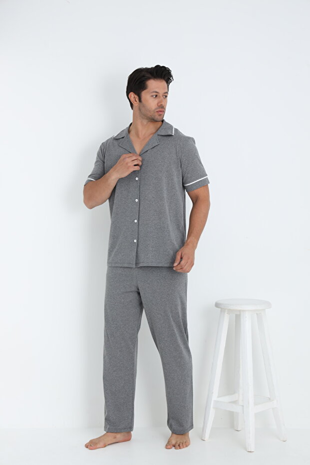Erkek Kısa Kol Düğmeli Pijama Takım - 2