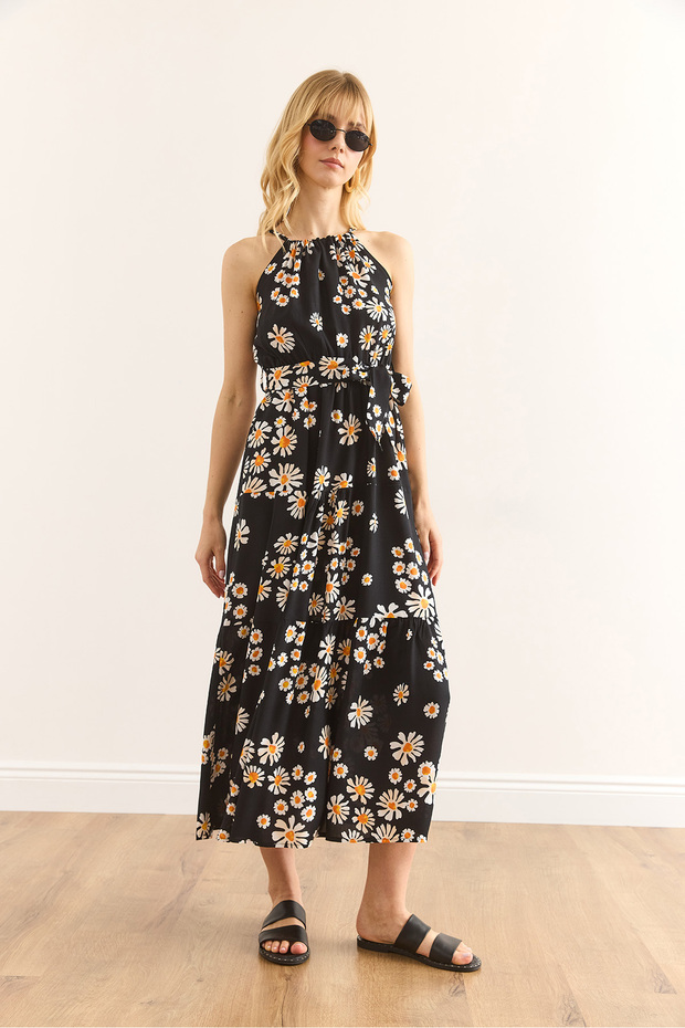 Women's Black Daisy Halter Collar Belted Woven Viscon Dress Elb-19001548