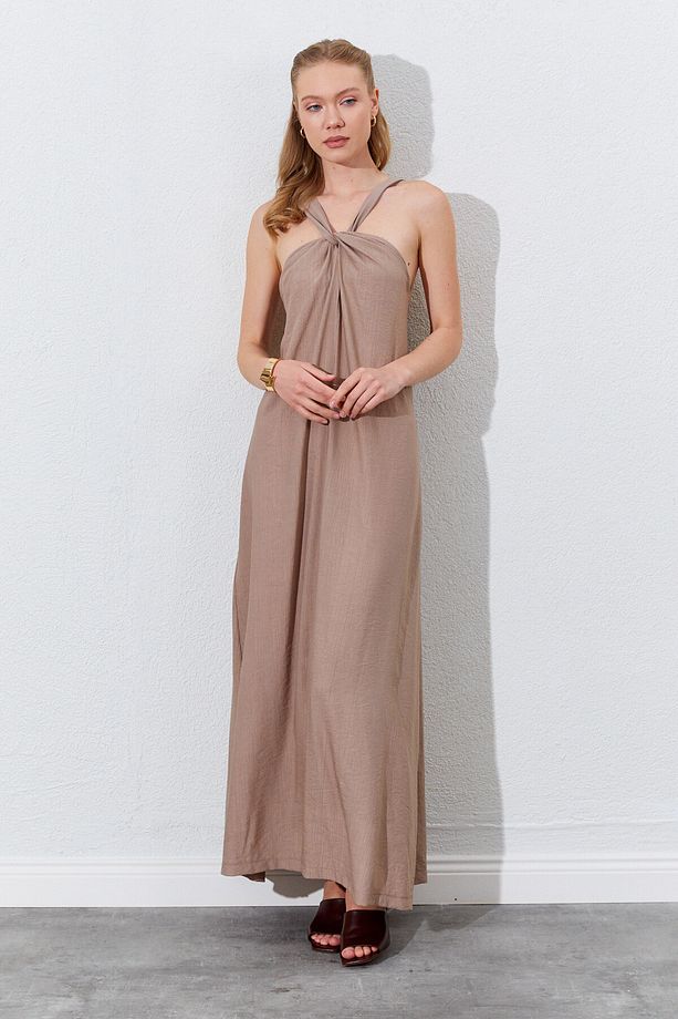 Büzgü Detaylı Halter Maxi Form Elbise - Vizon | Mks284907-01 - 7