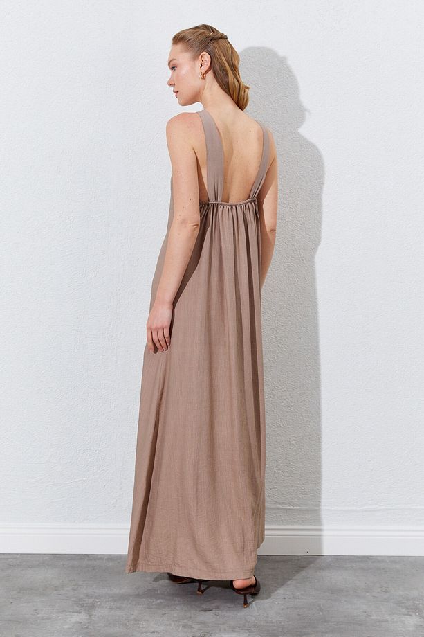 Büzgü Detaylı Halter Maxi Form Elbise - Vizon | Mks284907-01 - 5