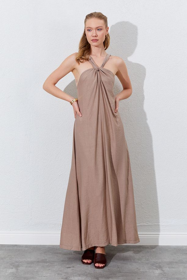 Büzgü Detaylı Halter Maxi Form Elbise - Vizon | Mks284907-01 - 2