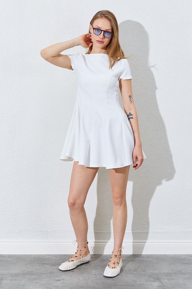 Kısa Kollu Fit & Flare Mini Elbise - Ekru | Mks281814-01 - 1