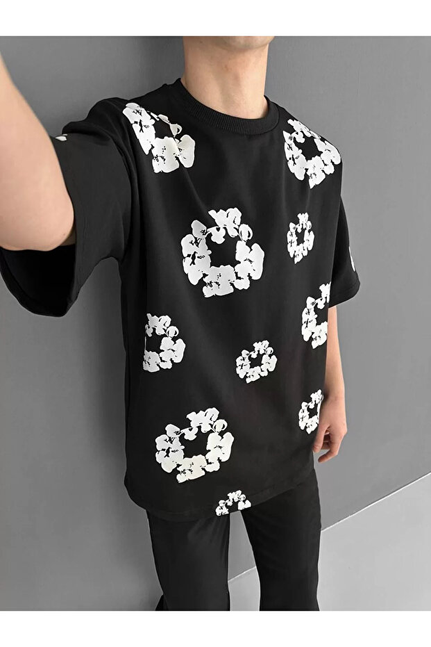 Çiçek Baskılı Oversize Tişört - 1
