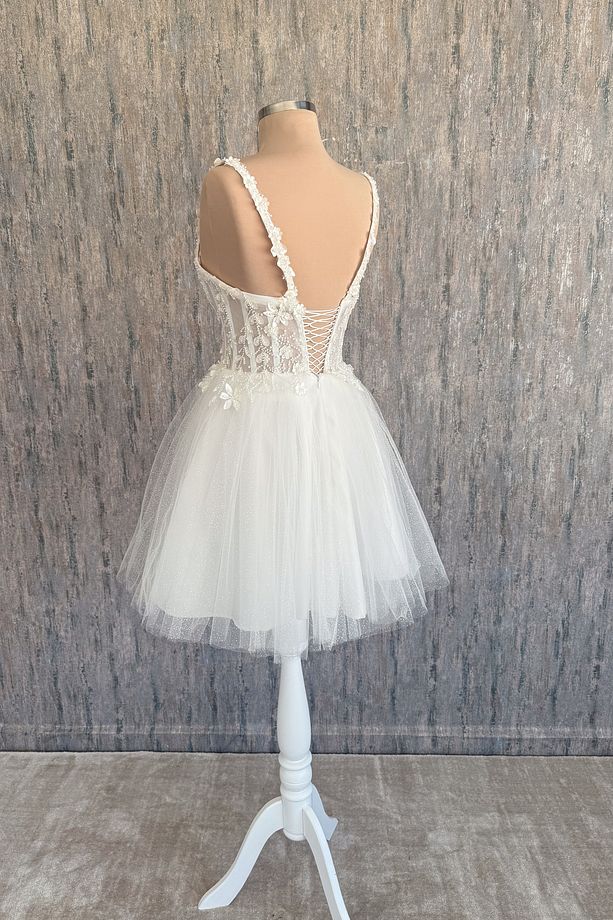 Beyaz Simli Üç Boyutlu Yaprak Desen Mini Parti ve Nikah Elbisesi - 3