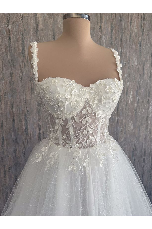 Beyaz Simli Üç Boyutlu Yaprak Desen Mini Parti ve Nikah Elbisesi - 4