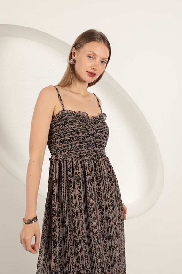 Şifon Kumaş Askılı Elbise-Kahve - 5