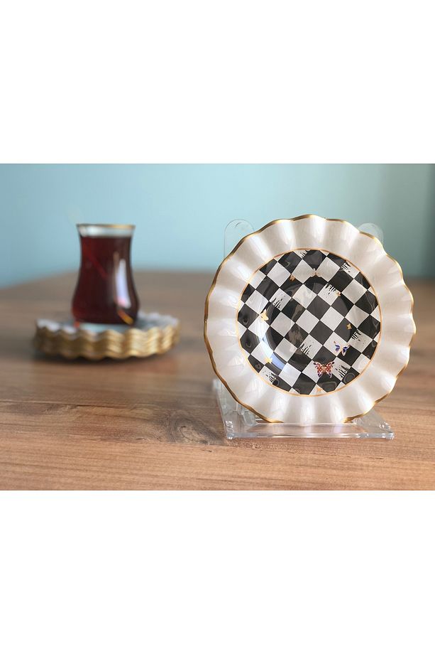 Dama Desenli Kıvrımlı Çay Tabağı 6 Adet - 2