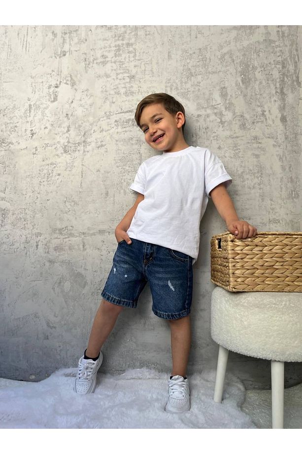 Yırtık Detaylı Unisex Denim Şort – Mavi (3-10 Yaş) - 7
