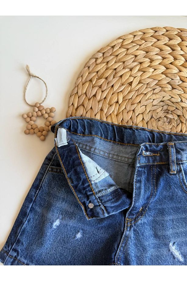 Yırtık Detaylı Unisex Denim Şort – Mavi (3-10 Yaş) - 3