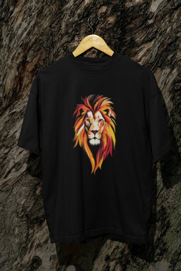 Lion Color Printed Men's Cycling Collar Cotton Oversize Short Sleeve T-Shirt