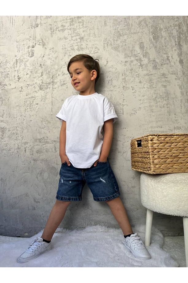Yırtık Detaylı Unisex Denim Şort – Mavi (3-10 Yaş) - 4