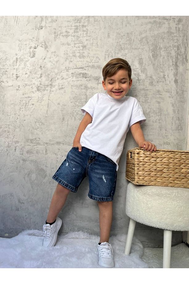 Yırtık Detaylı Unisex Denim Şort – Mavi (3-10 Yaş) - 6