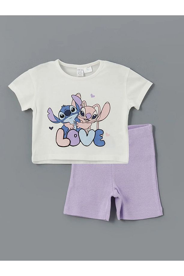 LCW baby Ekru Lilo & Stitch Baskılı Kız Bebek Şortlu Pijama Takım - 1