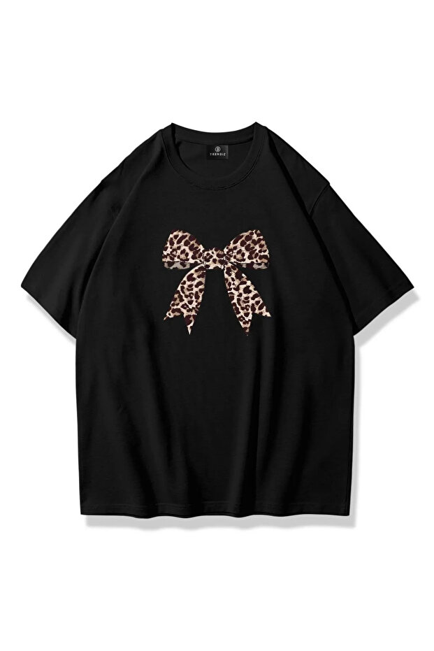 Women's Leopard Ribbon Printed Oversize 100% Cotton T-Shirt