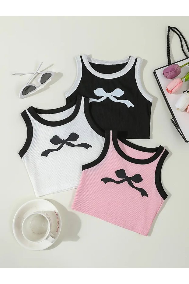 Children's Ribbon Printed 100% Cotton Strappy Crop T-Shirt Set of 3