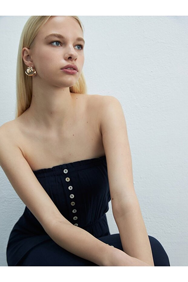 Basıc Düğmeli Lacivert Elbise - 5