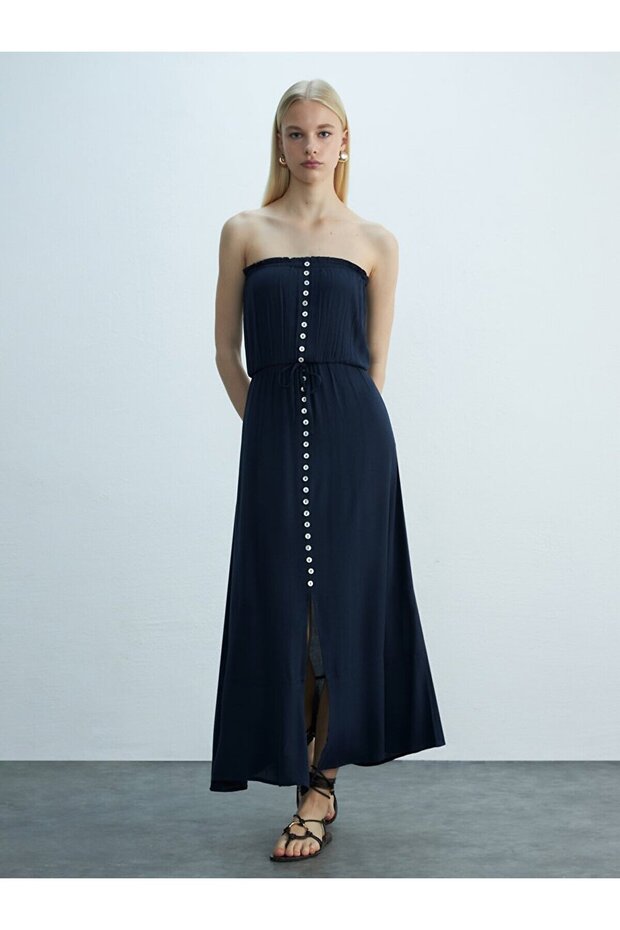 Basıc Düğmeli Lacivert Elbise - 1