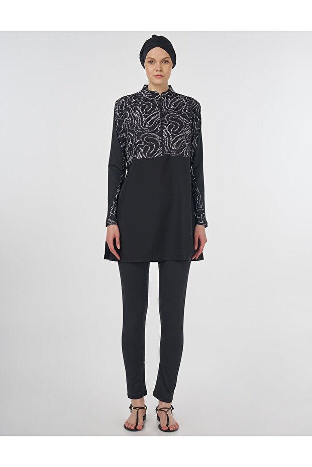 ملابس سباحة حجاب منقوشة باللون الأسود - 2