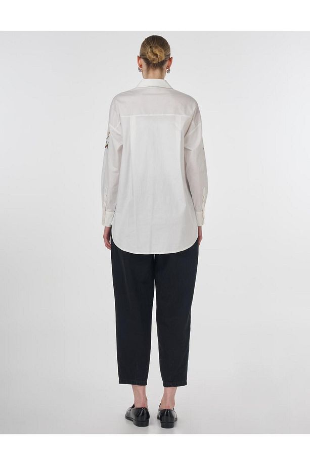 Nakış ve Slogan İşlemeli Poplin Tunik Ekru - 5