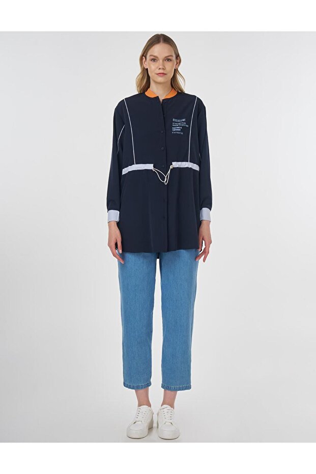 Beli Ayarlanabilir Sloganlı Tunik Koyu Lacivert - 3