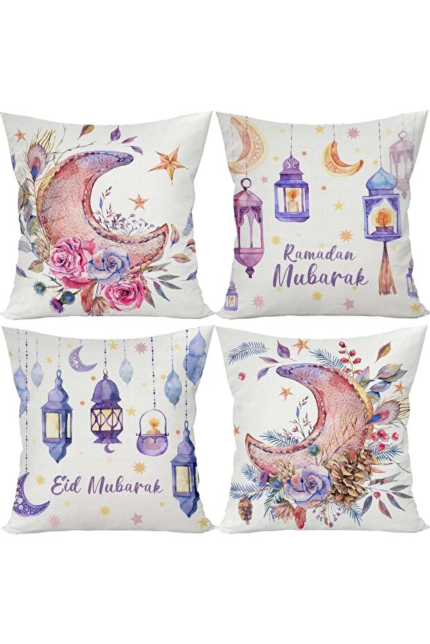 Linen Ramadan Mubarak Pillow Covers, 18x18 Set of 4 Moon Floral Cushion Covers