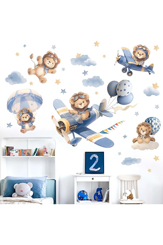 Airplane Animals Wall Stickers - Hot Air Balloon Lion Clouds Wall Decals