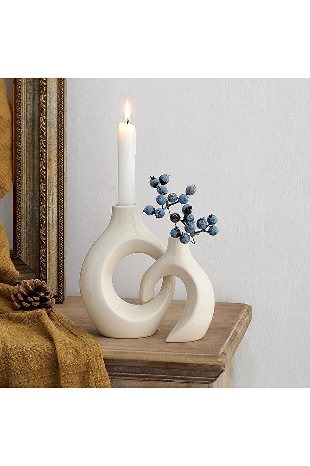 White Ceramic Candle Holder, Modern Minimalist Taper Candle Holder, Ivory