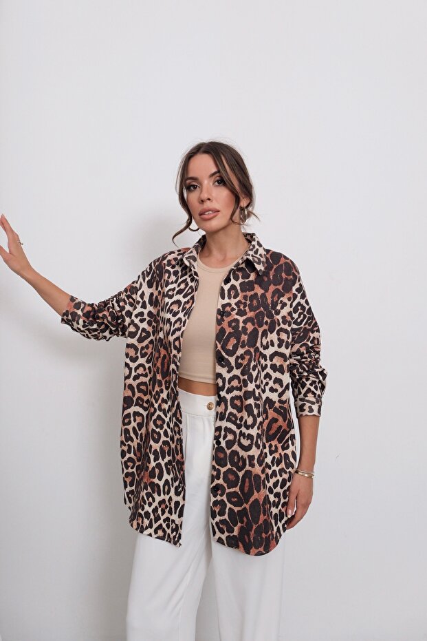 Digital Printed Thin Knitwear Leopard Pattern Oversize Shirt
