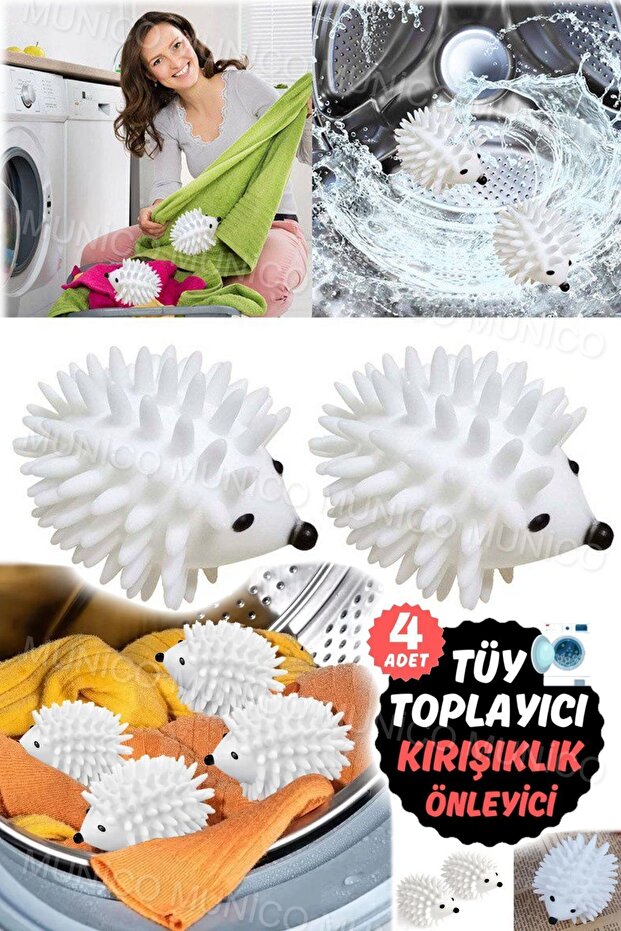 4 Adet Yeniden Kullanılabilir PVC Kirpi Kurutma Topu - Çamaşır Makinesi İçin Tüy ve Tozları Toplayan - 1