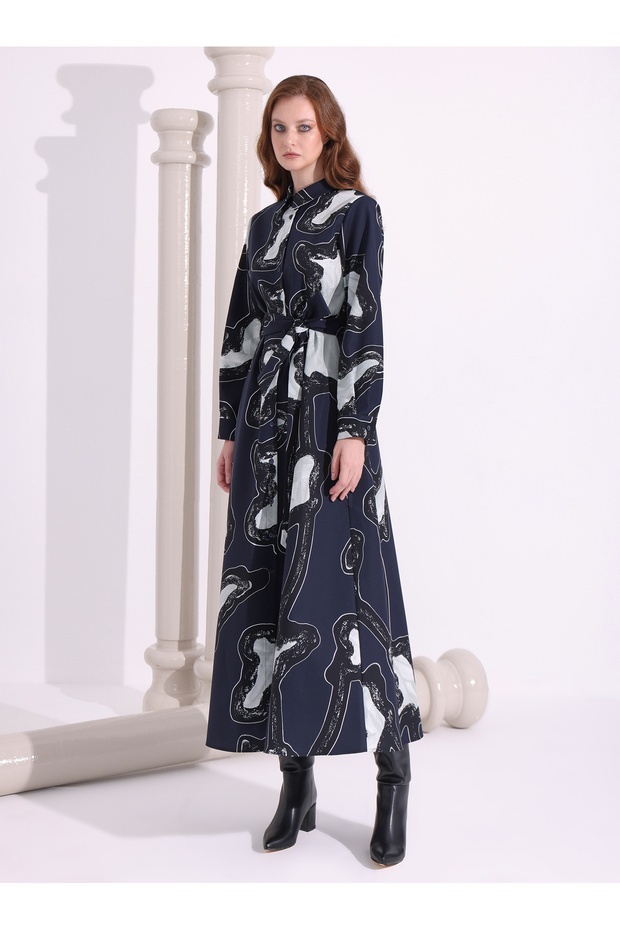 Lacivert Desenl Yakalı Uzun Elbise - 3