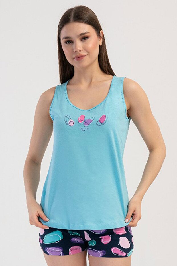 Women's Thick Strap Turquoise Shorts Pajama Suit C2T5N2O804