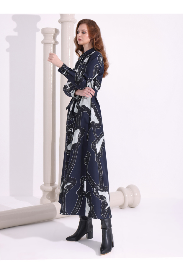 Lacivert Desenl Yakalı Uzun Elbise - 5