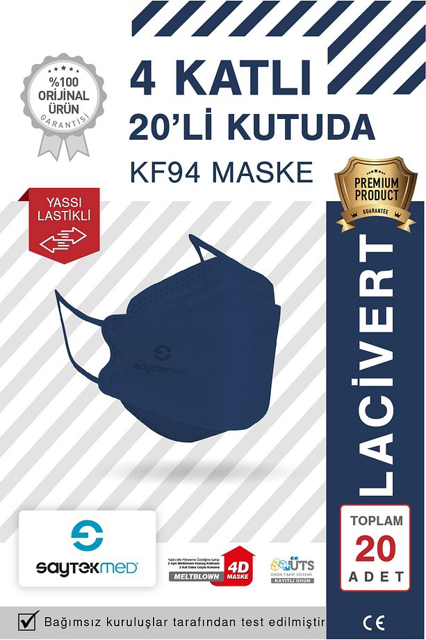KF94 Kore Tipi, 4 katlı, LACİVERT Maske, Tekli Paket, UV Steril (1 Kutu/ 20 Adet) - 3