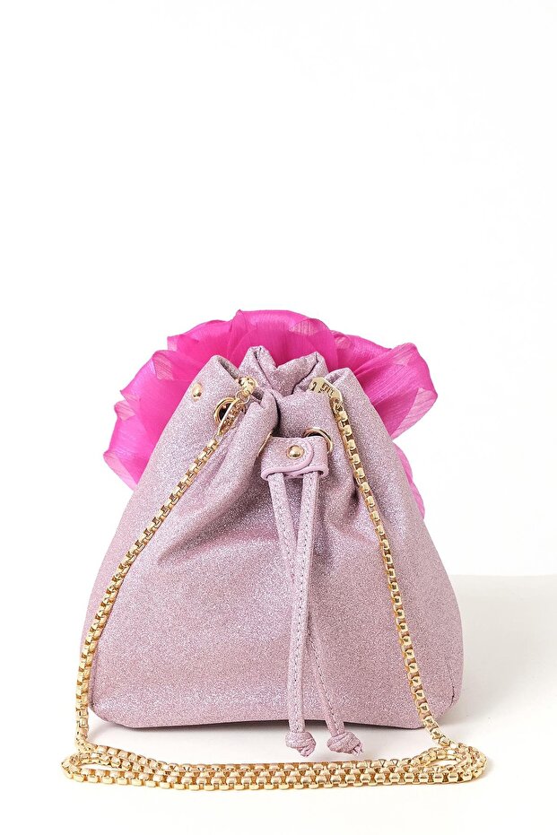 Çiçekli Simli Mini Bucket Çanta - 4